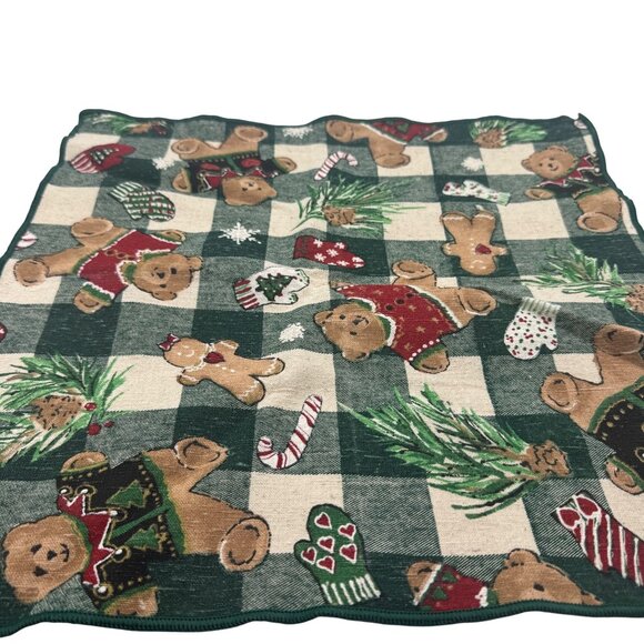 Christmas Teddy Bears Pine Mittens Checkerboard Fabric Napkin 16x16 Set of 4 - Picture 4 of 6